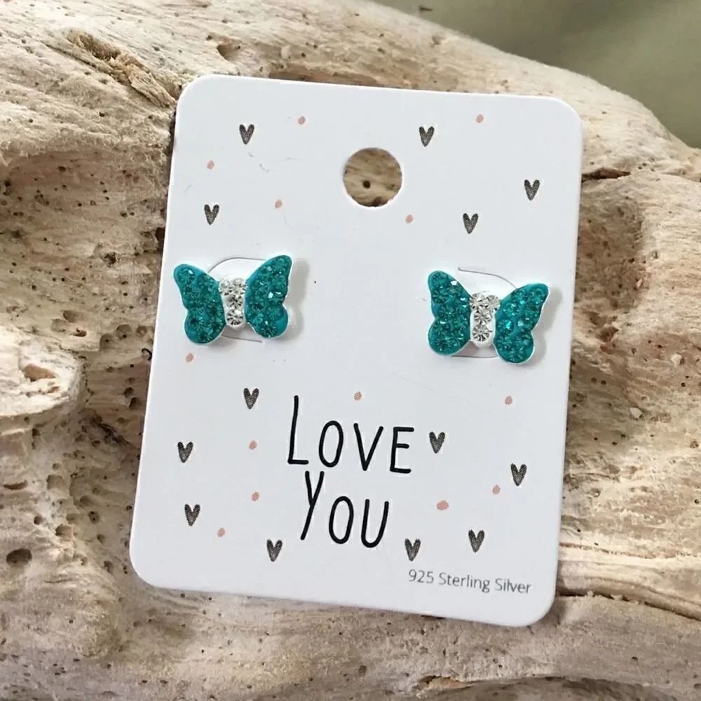Girls Crystal Sterling Silver Butterfly Earrings